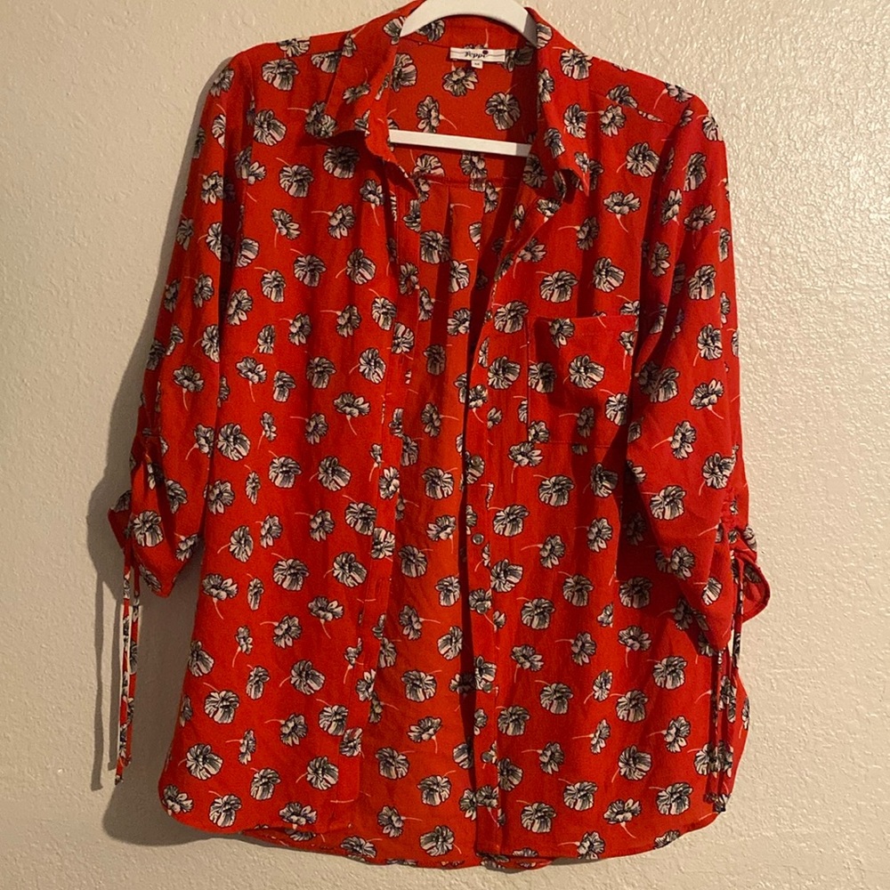 Medium Poppi button up red black and white floral blouse